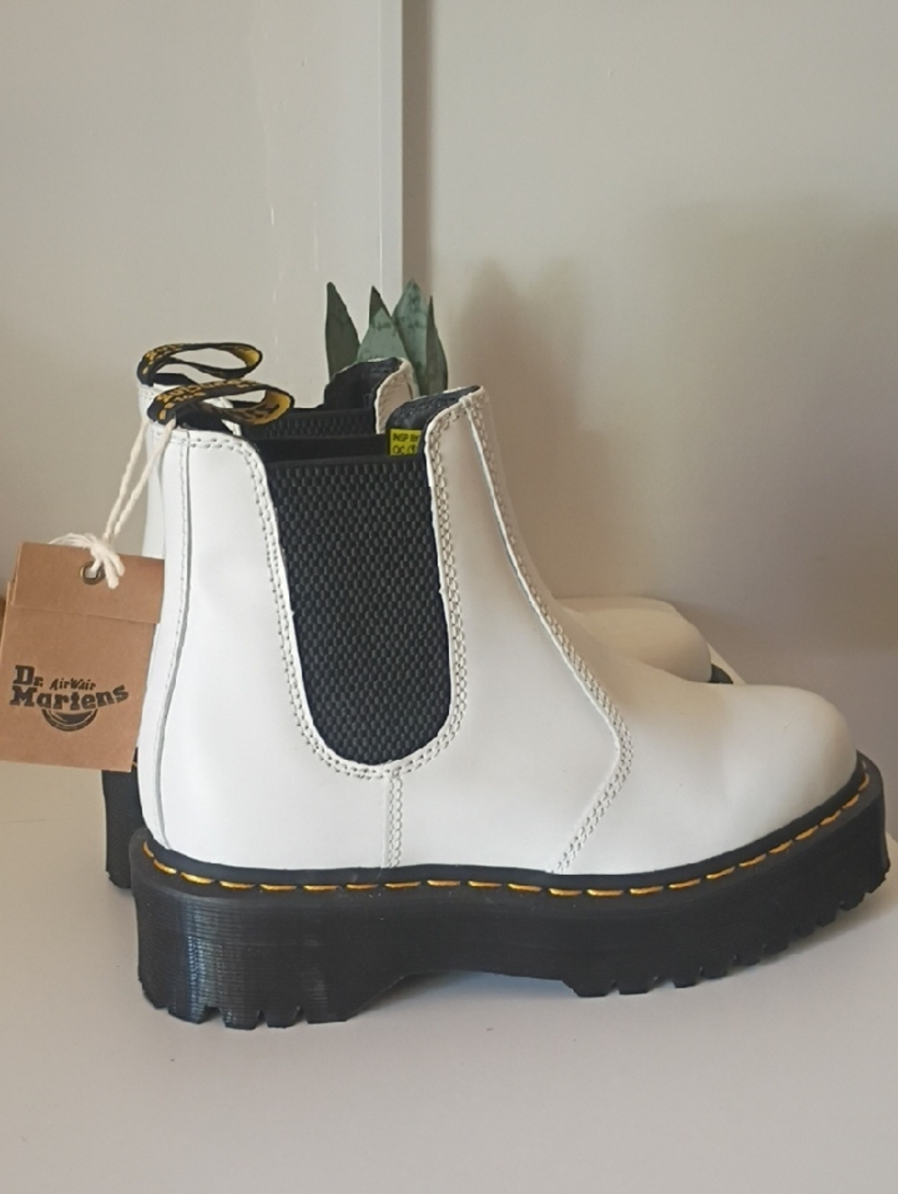 Dr. Martens White Leather Chelsea Boots with Black Elastic and Yellow Stitching